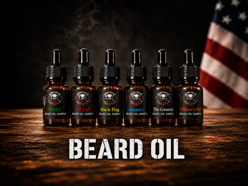 Six amber dropper bottles of beard oil arranged in a row on a wooden surface, with a dark American flag blurred in the background and large white text reading 'BEARD OIL' below the bottles.